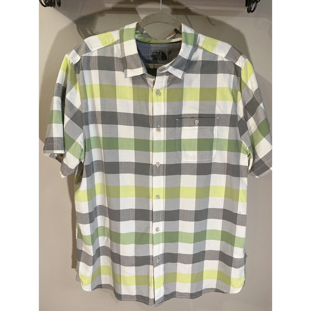 The North Face Short Sleeve Button Down Shirt M Size XL Green, Gray, White Plaid